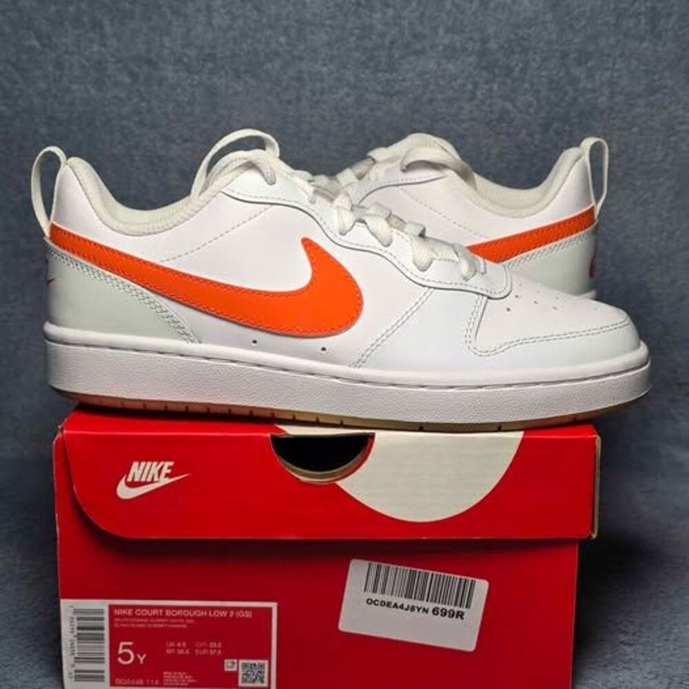 Nike Court Borough Low 2 GS White Orange Youth Size 5Y or Womens Size 6.5